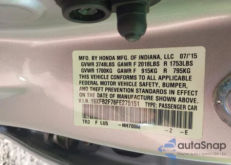 2015 Honda Civic Se from USA, damaged, VIN 19XFB2F76FE275151
